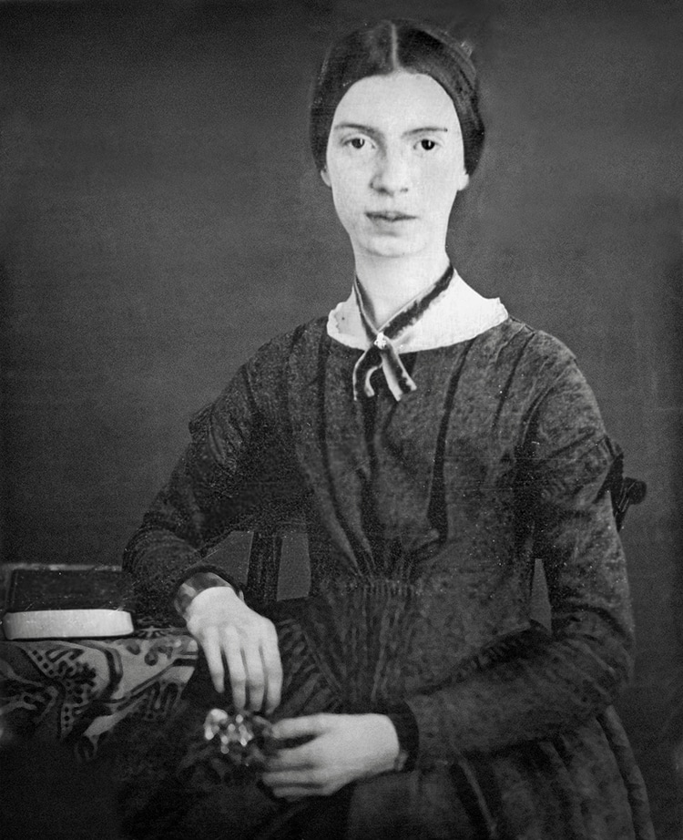 Digitally restored black and white daguerrotype of Emily Dickinson, c. early 1847