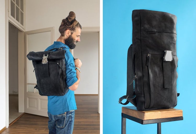 Roll Top Leather Backpack With Aircraft Buckle