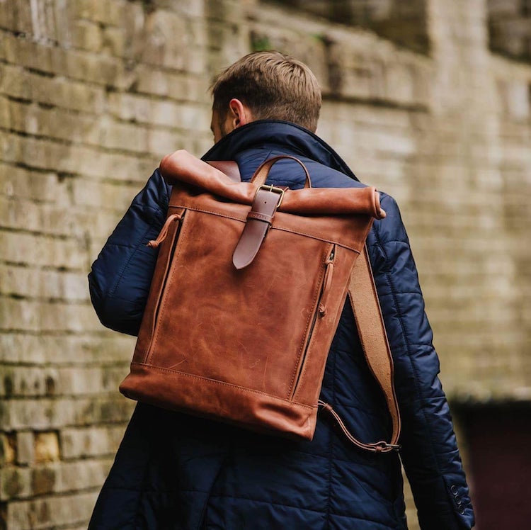 Brown Roll Top Leather Backpack