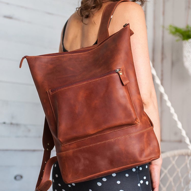 Zip Closure Casual Leather Backpack